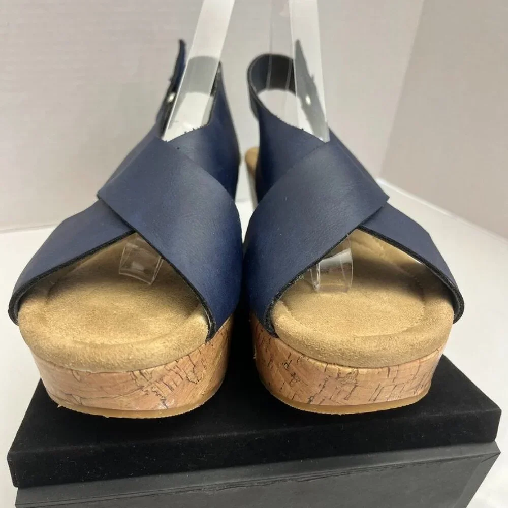 Jessica Cline Dreamer Wedge Slingback Sandals Navy Cork Print 10M